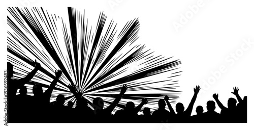 Silhouette of a cheering crowd with raised hands against a dynamic light burst or stage explosion