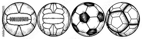 Set of different soccer balls showing the evolution of sports equipment design