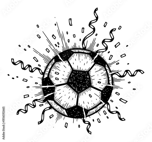 Illustration of a soccer ball celebrating victory with explosive confetti and streamers