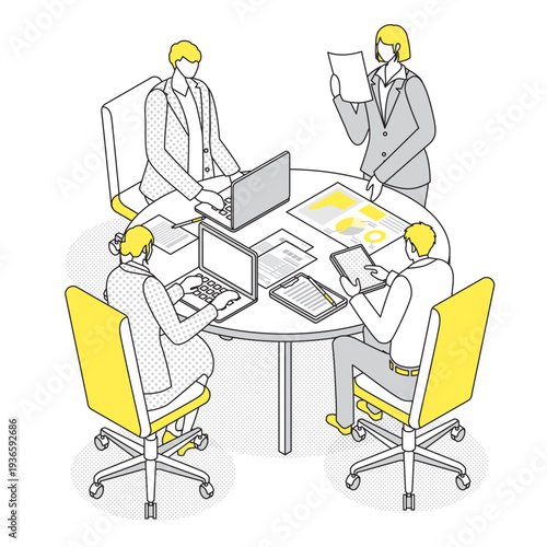 企画会議を行うビジネスチームのイラスト