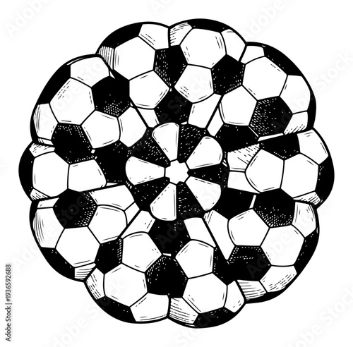 Circular mandala pattern composed of multiple soccer balls in an artistic layout