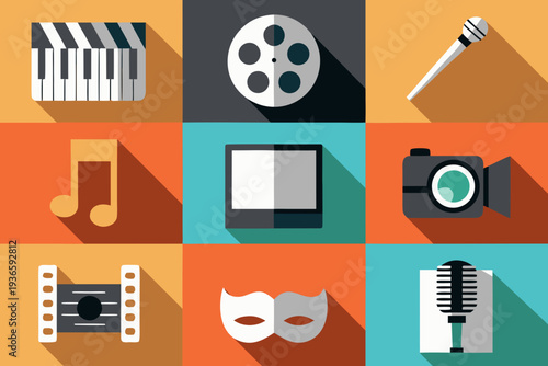 Colorful flat design icons representing various aspects of performing arts