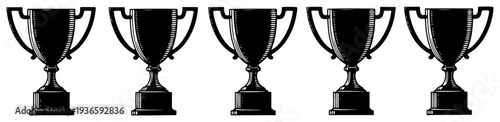 Set of five trophy cup icons in a row for sports winners or awards