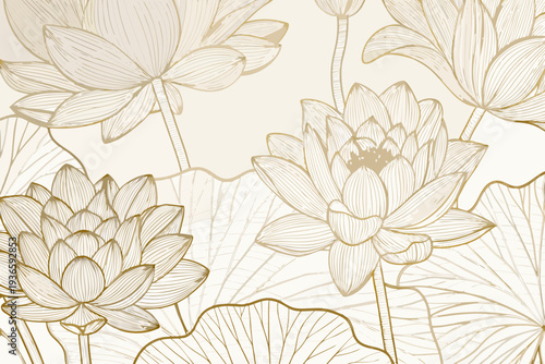 Elegant lotus flowers illustrated in delicate gold line art style