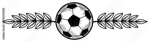Hand drawn vintage style soccer ball emblem with laurel leaves wreath