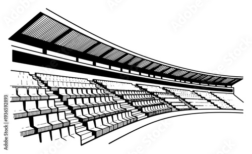 Architectural sketch of a modern stadium with empty grandstand seating