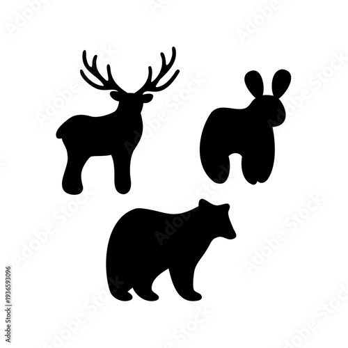 silhouette of a deer, rabbit, and bear isolated on white background