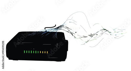 Modern electronic device emitting a flowing stream of abstract data or energy.