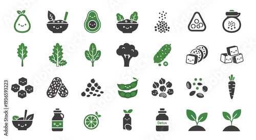 Healthy Vegan Food and Organic Lifestyle Flat Icon Set - Plant Based Diet, Superfood, and Detox Graphics
