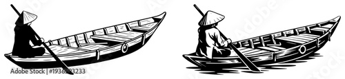 Hand drawn sketch of a traditional person rowing a wooden boat wearing a conical hat