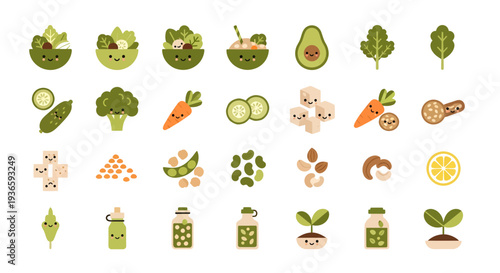 Kawaii Healthy Diet and Vegan Food Icon Set, Cute Vegetable and Plant Based Protein Illustrations