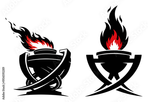 Set of two graphic ceremonial torch designs with burning flames for sporting competitions