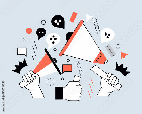 Illustration of hands holding a megaphone with speech bubbles and icons