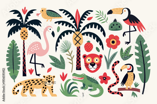 A vibrant illustration of tropical birds animals and lush foliage