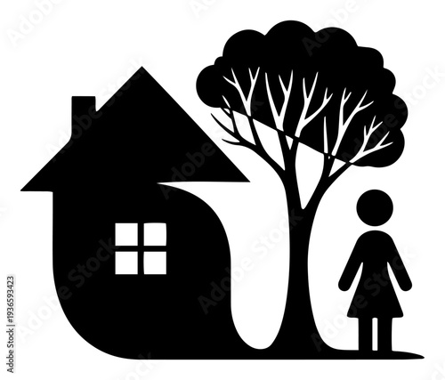 Minimalist silhouette icon featuring a house tree and woman figure