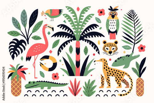 A colorful tropical scene featuring birds mammals and lush foliage