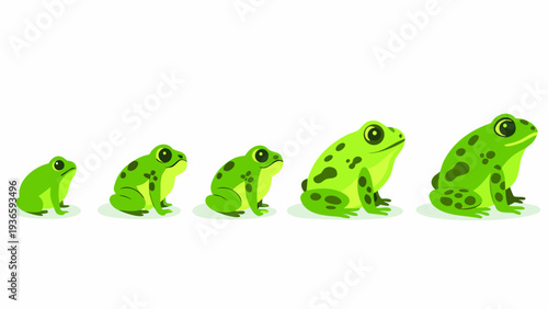 A progression of green frogs illustrating the stages of growth