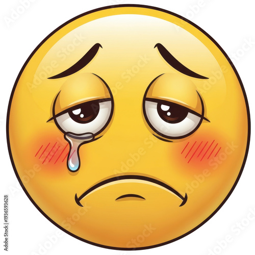 Sad crying emoji with rosy cheeks isolated on transparent background