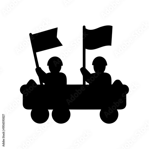Silhouette illustration of two individuals in a vehicle holding flags high