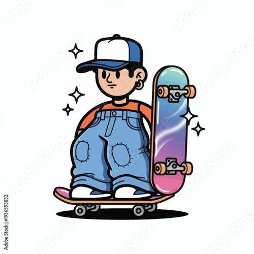 Dynamic illustration of a streetwise character with a vibrant skateboard, embodying youthful energy, urban coolness, and a distinct subculture style with playful graphic elements