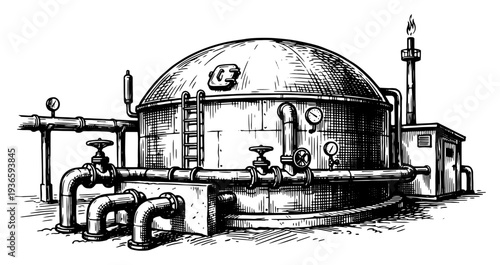 Vintage sketch illustration of an industrial storage tank with pipes and valves