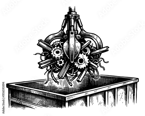 Industrial mechanical grapple lifting metal scrap and gears from a waste container