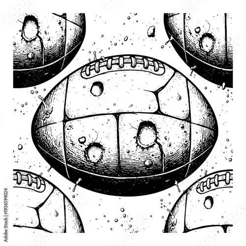 Close up detailed sketch of damaged american football with cracks and flying debris