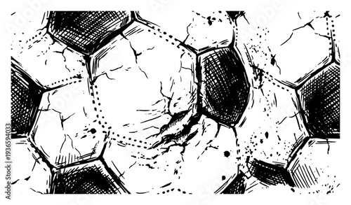 Detailed hand drawn sketch of a worn and cracked soccer ball surface texture