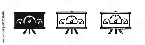 Presentation Screen with Speedometers Icon Representing Performance Metrics, Business Speed, and Data. Vector.