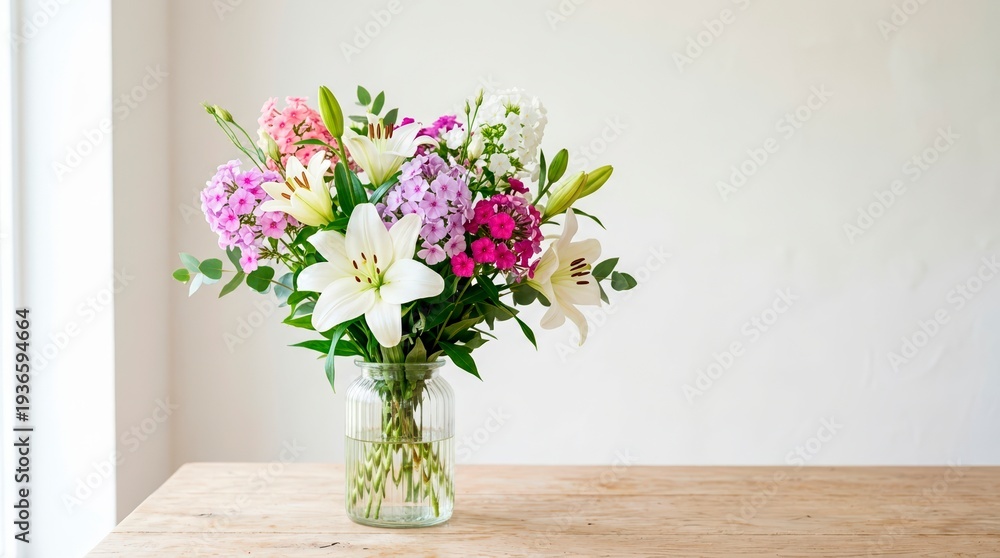 Fototapeta premium White lilies and pink phlox flowers in a ribbed glass vase. Floral bouquet on a wooden table against a white wall. Elegant home decor arrangement