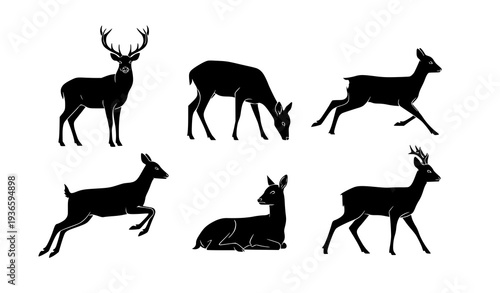 Black deer animal silhouette vector set with male, female, and roe deer illustrations