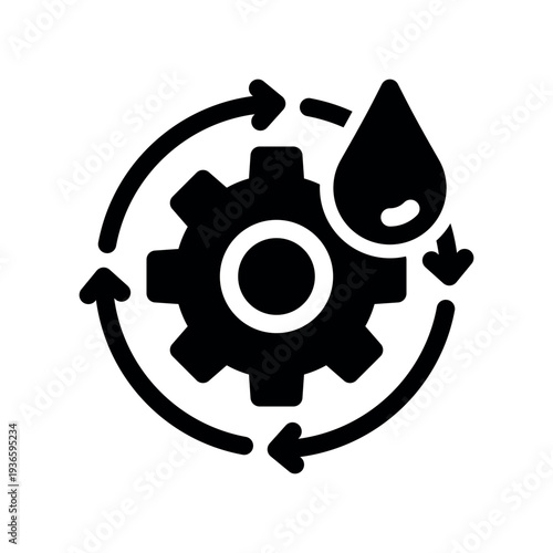 Gear surrounded by rotating arrows with liquid drop