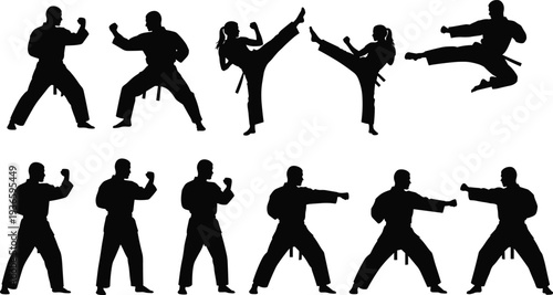 Martial arts silhouettes set featuring karate, taekwondo, and kung fu athletes performing high kicks, punches, defensive stances, and powerful combat movements.