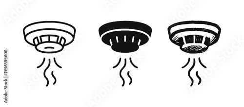 Smoke detector icon set showing outline, solid, and hand-drawn styles. Fire alarm and safety sensor.