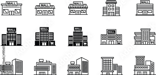 Set of Mall Building Icons with Different Architectural Styles and Details Keywords: mall building, shopping center, retail