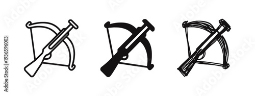 Crossbow icon set in outline, solid, and hand-drawn styles. Weapon, hunting tool, and medieval symbol.