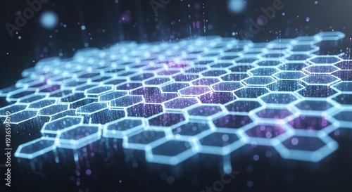 Futuristic holographic shield with hexagonal grid structure and glowing blue lines in a dark environment viewed from above