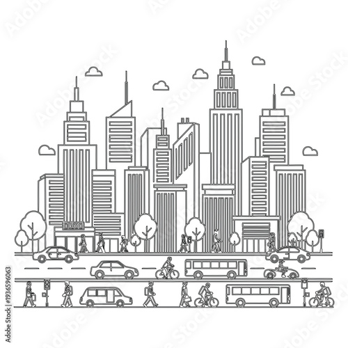 Black and white cityscape with skyscrapers and busy street buildings