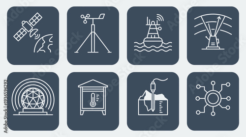 Collection of Technology and Science Icons Representing Weather Stations, Communication, and Data Transfer