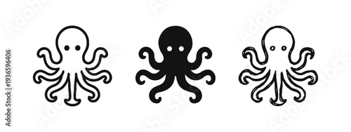Octopus icon set in outline, solid, and hand-drawn styles. Marine animal and underwater creature symbol.