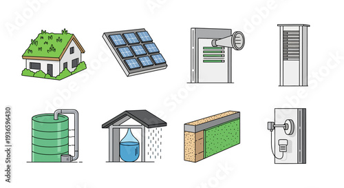Collection of Icons Representing Sustainable Living and Eco-Friendly Technologies
