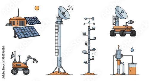 Detailed vector set featuring advanced scientific technology used in extraterrestrial research, including robotic planetary rovers, ground stations, and meteorological instruments for space missions