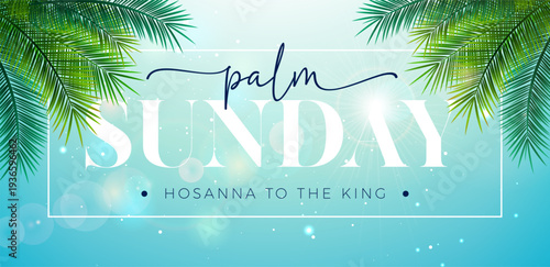 Palm Sunday Illustration for Christian Religious Occasion with Palm Leaves and Ray of Sunshine on Sky Blue Background. Vector Holy Week Design for Savior Celebrate Theme Poster Template for Banner