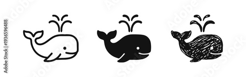 Cute whale icon set in outline, solid, and hand-drawn styles. Marine animal and ocean life symbol.