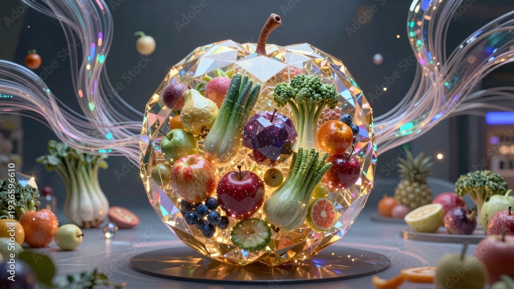 Fototapeta premium Vegetable and fruit crystal sphere with light inside
