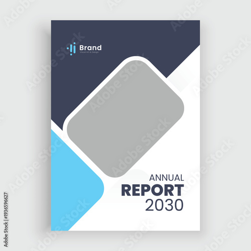 Modern blue corporate annual report cover design with city skyline photo and geometric shapes.