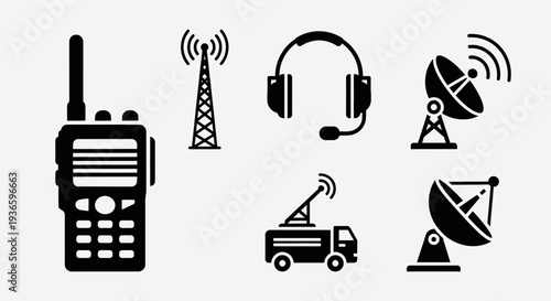 Modern set of wireless communication and broadcasting equipment icons, showcasing walkie-talkies, radio towers, satellite dishes, and a mobile broadcast unit, ideal for technology concepts