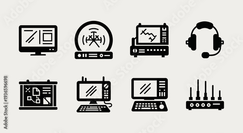 Collection of electronic devices and technological equipment icons representing communication and data processing