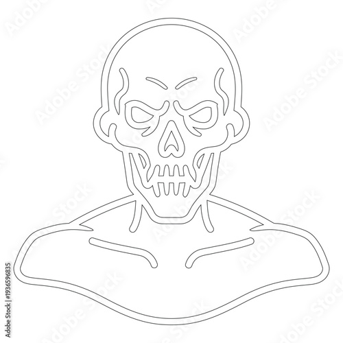 Black and white line of a skull with shoulders line skull simple outline minimal monochrome