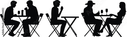 Cafe and restaurant people silhouettes set with couples drinking wine talking and relaxing at table isolated on white background